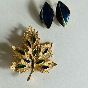 Florence Blue, Green and Gold Leaf Brooch with coordinating earrings